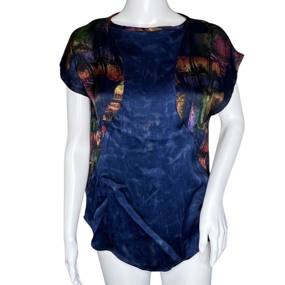 Cache Blouse Womens Small Blue Multicolor Geometric Colorful Artsy Art to Wear
